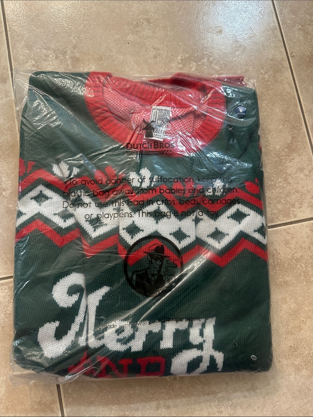 Dutch Bros Green and Red Crewneck Holiday Sweater